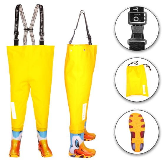 3Kamido Dětské brodící kalhoty žlutá kachňata - nastavitelný pás, odolný postroj, spona FixLock Nexus, ochranný oblek, prsačky, kalhotoboty, rybářské kalhoty pro děti, brodící kalhoty pro teenagery 20 - 35 EU