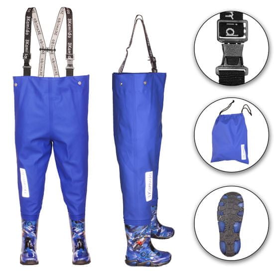 3Kamido Dětské brodící kalhoty modré motorky - 10 modelů, nastavitelný pás, odolný postroj, spona FixLock Nexus, ochranný oblek, rybářské kalhoty pro děti, brodící kalhoty pro teenagery 20 - 35 EU