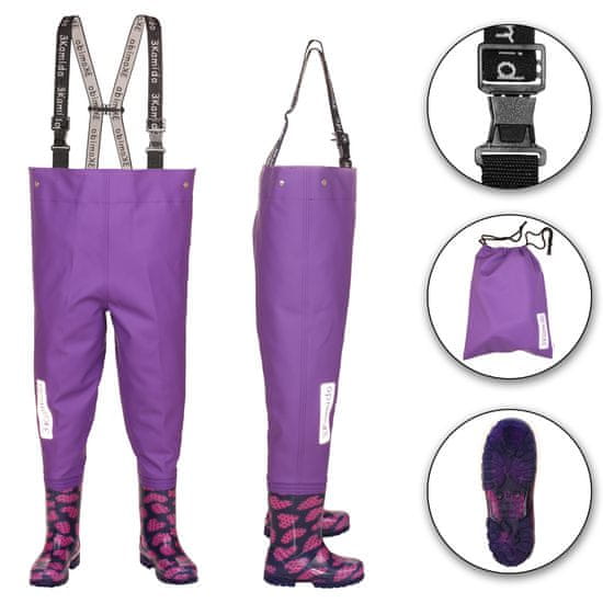 3Kamido Dětské brodící kalhoty fialové srdce - nastavitelný pás, odolný postroj, spona FixLock Nexus, ochranný oblek, prsačky, kalhotoboty, rybářské kalhoty pro děti, brodící kalhoty pro teenagery 20 - 35 EU
