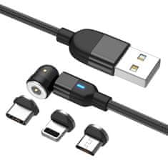 W-STAR W-star magnetický USB kabel 3v1, 540° USBC, micro, lightning, 2A, 90°, černá 1m, MG540BK1