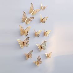 Northix 12ks 3D motýli v kovu, nástěnná dekorace - zlatý list 