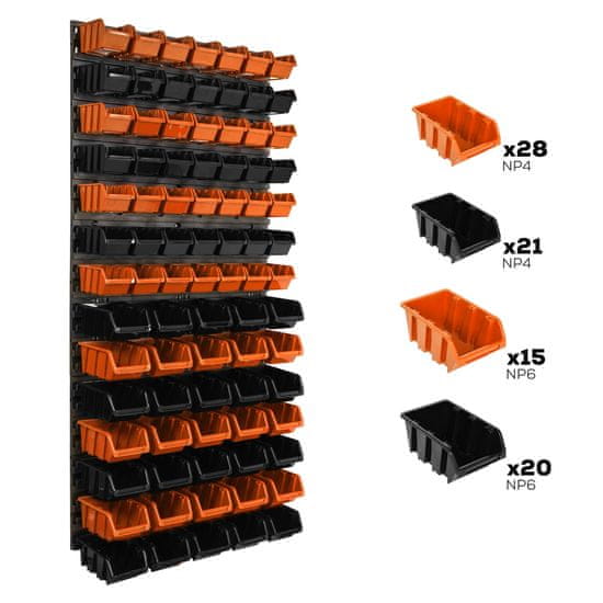 botle Nástěnný panel na nářadí 58 x 117 cm s 84 ks. Krabic závěsný Oranžové a Černé Boxy plastová