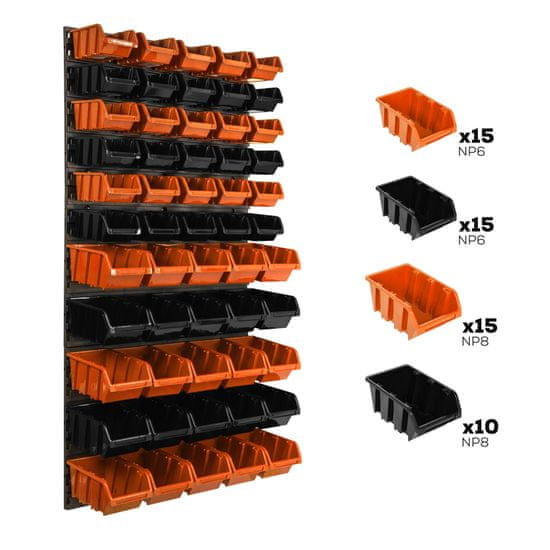botle Nástěnný panel na nářadí 58 x 117 cm s 55 ks. Krabic závěsný Oranžové a Černé Boxy plastová