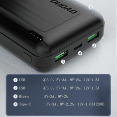 DUDAO K12PQ+ powerbanka 20000mAh 2x USB QC 3.0 PD 20W Black