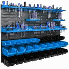 botle Závěsný panel na nářadí 115x78cm s 32 ks. Krabic Nástěnný Modré Boxy se sadou držáků plastová