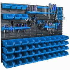 botle Závěsný panel na nářadí 115x78cm s 51 ks. Krabic Nástěnný Modré Boxy se sadou držáků plastová