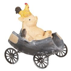 Clayre & Eef Dekorativní figurka prasátka s kohoutem ve vozíku 6PR2615