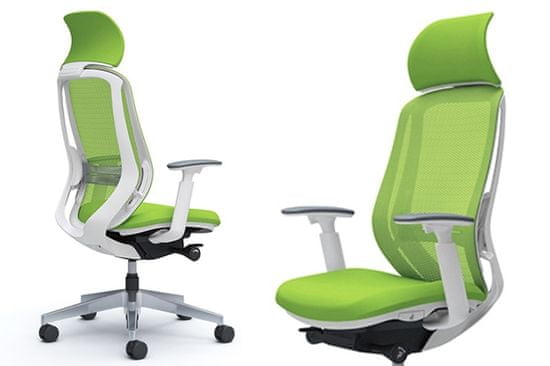 OKAMURA SYLPHY kancelářská židle Limetkově zelená Plast bílý Bederni opěrka Podhlavník