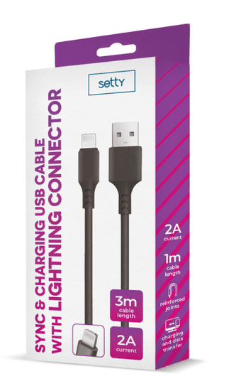 setty. GSM109950 cable USB - Lightning 3,0 m 2A black NEW