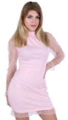 Růžové krátké přiléhavé šaty s tylovými rukávy v designu pařížského hrášku, L