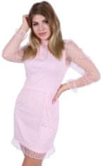 Růžové krátké přiléhavé šaty s tylovými rukávy v designu pařížského hrášku, L