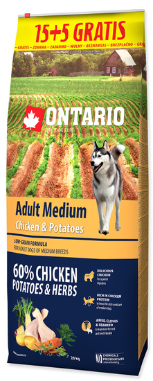 Ontario Adult Medium Chicken & Potatoes 15 + 5 kg