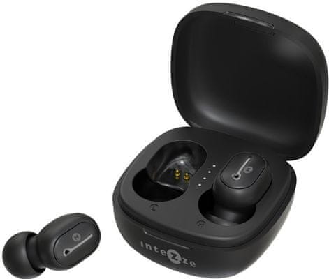 přenosná true wireless Bluetooth 5.3 sluchátka intezze mini šťavnatý příjemný zvuk mikrofon pro handsfree 4h provoz na nabití nabíjecí pouzdro 8 h navíc dotykové ovládání pohodlná do malých uší krásný moderní design