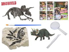 Mikro Trading Dinoworld dinosaurus 12 cm a zkamenělina v sádře s dlátem, lupou a štětcem v krabičce
