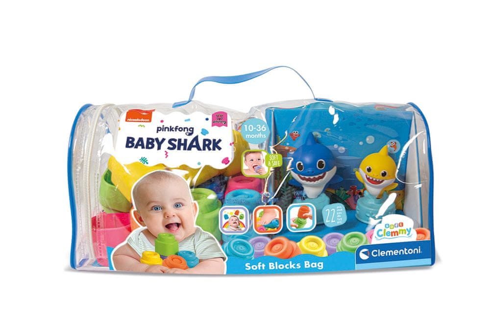 Clementoni Clemmy baby - Baby Shark - Kostky v plastovém pytli a postavičky ( modro, žlutá)