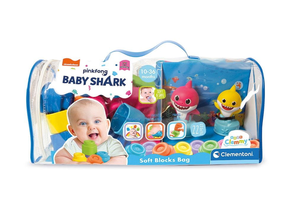 Clementoni Clemmy baby - Baby Shark - Kostky v plastovém pytli a postavičky ( růžovo, žlutá)