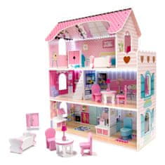 Ikonka MDF dřevěný domeček pro panenky + nábytek 70cm růžový LED