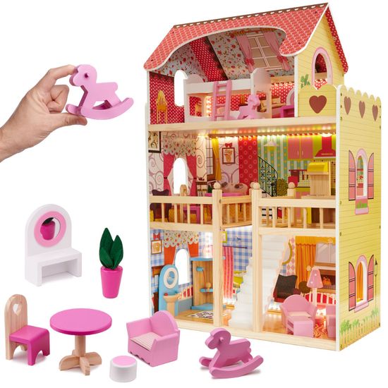 Ikonka Dřevěný domeček pro panenky + nábytek růžový 90cm LED