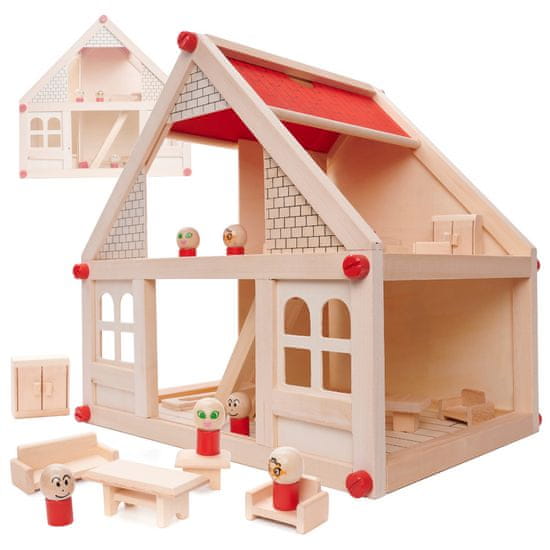 Ikonka Dřevěný domeček pro panenky + nábytek a lidé 40cm