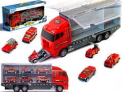 Ikonka Transportní vozidlo TIR launcher + kovové vozy hasičů