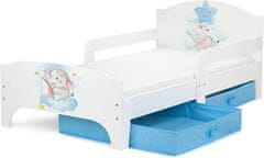 Leomark Bílá postel pro děti se šuplíky a matrací 140/70 - SMART - Slon + modré šuplíky 160000SL.nsz