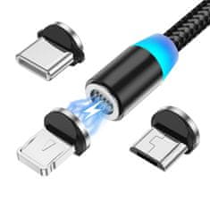 W-STAR W-star magnetický USB kabel 3v1, USBC, micro USB, lightning, 5A, Led, černá 1m, MG3BK1