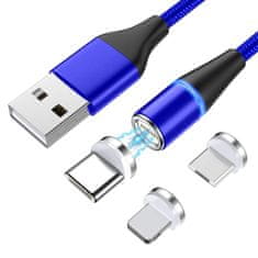 W-STAR W-star magnetický USB kabel 3v1, USBC, micro USB, lightning, 5A, Led, modrá 2m, MG3BL2
