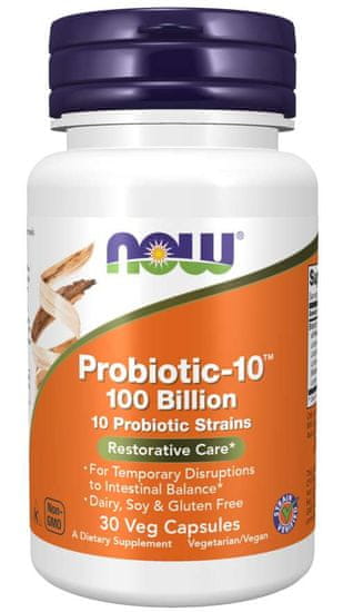 NOW Foods Probiotic-10, probiotika, 100 miliard CFU, 10 kmenů, 30 rostlinných kapslí
