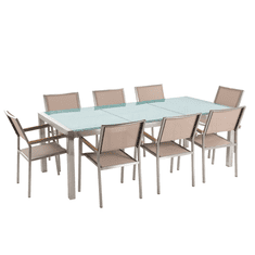 Beliani Sada zahradního nábytku stůl se skleněnou deskou 220 x 100 cm 8 béžových židlí GROSSETO