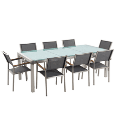 Beliani Sada zahradního nábytku stůl se skleněnou deskou 220 x 100 cm 8 šedých židlí GROSSETO