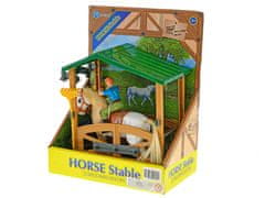 Mikro Trading Kůň 14 cm s jezdcem se stájí 15,5x18,5x8,5 cm a doplňky v krabičce