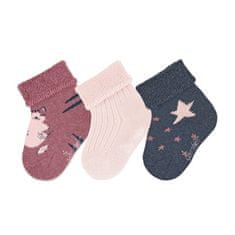 Sterntaler Ponožky kojenecké, 3 páry, froté, manžetka, červené, bílé, růžové, kočička, hvězdy 8402125, 16