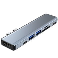 Tech-protect V5 HUB adaptér 2x USB / 2x USB-C / HDMI / SD / Micro SD / TF, šedý