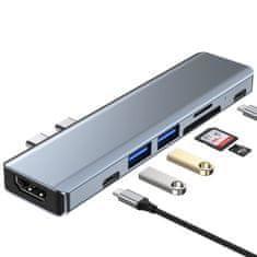 Tech-protect V5 HUB adaptér 2x USB / 2x USB-C / HDMI / SD / Micro SD / TF, šedý