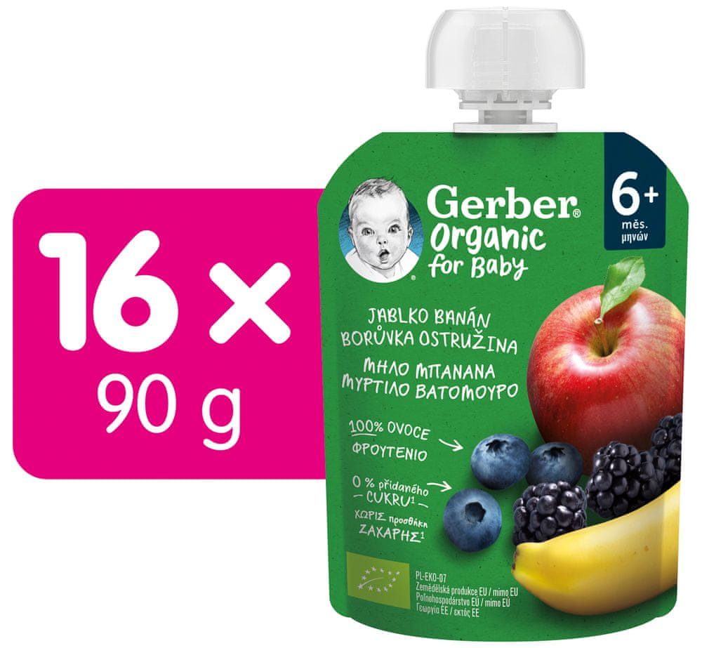 Levně Gerber Organic kapsička jablko, banán, borůvka a ostružina 16x90 g