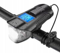 Trizand 12044 Voděodolné LED světlo na kolo USB, tachometr, el.zvonek 150db