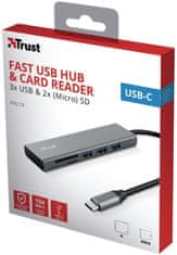 Trust USB-C hub Halyx Fast, 3xUSB 3.2 Gen 1, čtečka karet, stříbrná