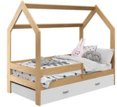 eoshop Dětská postel Domek 80x160 cm D3, rošt ZDARMA - borovice, zábrana: borovice, úlož. prost: bílá, matrace: bez matrace