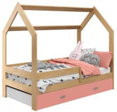 eoshop Dětská postel Domek 80x160 cm D3, rošt ZDARMA - borovice, zábrana: borovice, úlož. prost: růžová, matrace: bez matrace
