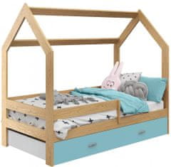 eoshop Dětská postel Domek 80x160 cm D3, rošt ZDARMA - borovice, zábrana: borovice, úlož. prost: modrá, matrace: bez matrace