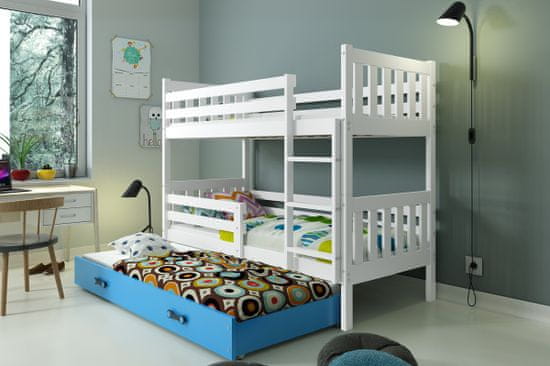 Importworld Dětská patrová postel Miloslava – 3 sosoby 80x190 s výsuvnou přistýlkou – Bílá, Modrá