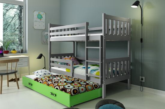 Importworld Dětská patrová postel Miloslava – 3 sosoby 80x190 s výsuvnou přistýlkou – Grafitová, Zelená