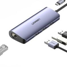 Ugreen CM252 HUB adaptér USB-C - 3x USB / RJ45 / micro USB, šedý