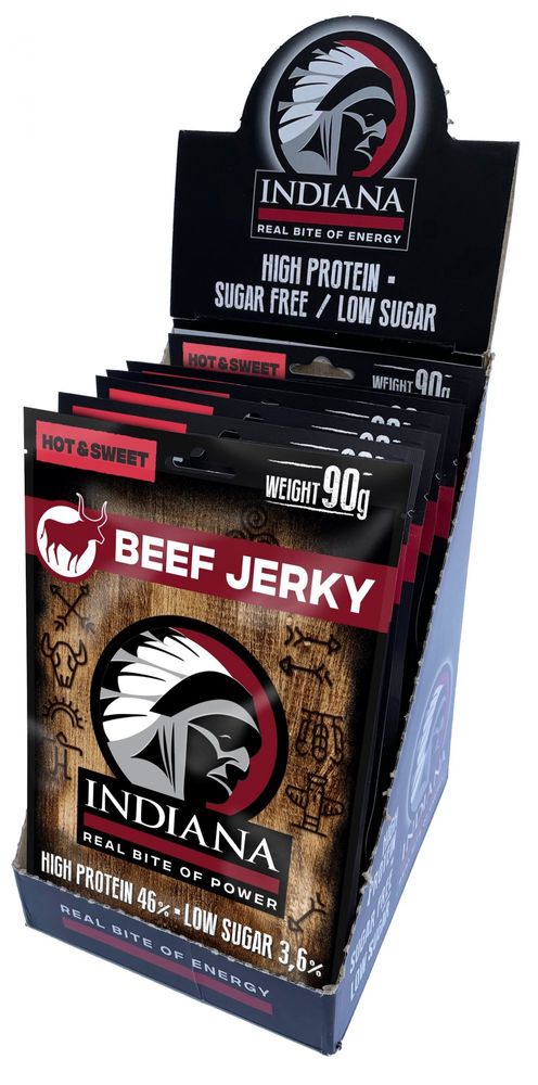 Indiana sušené maso Jerky hovězí Hot & Sweet ZIP 720g - display