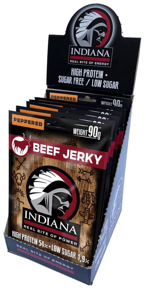 Indiana sušené maso Jerky hovězí Peppered ZIP 720g - display