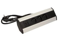 Orno Povrchová zásuvka, rohové pouzdro ORNO OR-AE-1360, 3x zásuvka, 2x USB, barva černo-stříbrná, kabel 1,8m