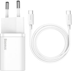 BASEUS síťová nabíječka Super Si Quick 1C, USB-C, 25W, bílá + kabel USB-C - USB-C, 3A, 1M, bílá