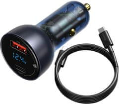 BASEUS nabíječka do auta, USB-C, USB-A, digitální display, 65W + USB-C - USB-C kabel, 100W, 1m, šedá