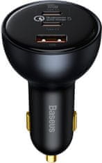 BASEUS nabíječka do auta, 1x USB-A, 2x USB-C, Quick Charge 5, 160W, šedá + Xiaomi kabel USB-C