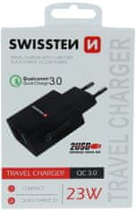 SWISSTEN síťový adaptér 2x USB, QC 3.0, 2.1A, 23W, černá
